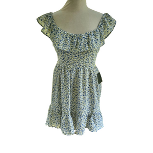 Lulu's Mini Dress Blue White Large Spring is in the Air Floral Ruffle Tie NEW
